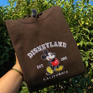 May include: A brown Disneyland hoodie with white embroidered text and a Mickey Mouse graphic. The text reads "DISNEYLAND", "EST. 1955", and "CALIFORNIA". The hoodie has a drawstring and is folded.