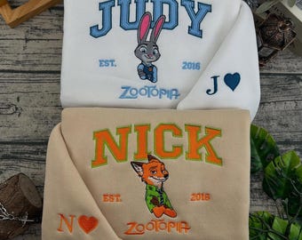 Camiseta bordada de Zootopia de Disneyland, suéter a juego de Nick y Judy, sudadera con capucha bordada de Nick y Judy para viajes a Disney, regalo para fans de Zootopia