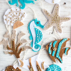 10 Ocean Life PATTERN felt ornaments, PDF no sew ornament, digital SVG cut file, gift plushie, seahorse, coastal nursery decor