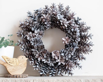 Pinecone Wreath | 14" Diameter | White Frosted Finish | Natural Eastern White Pinecones | Handmade Front Door Wreath | Made in Canada