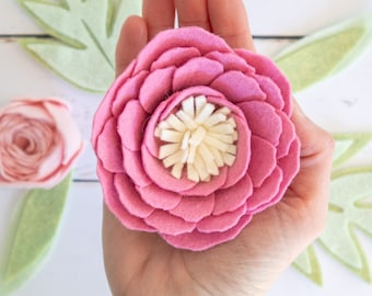 Peony Felt Flower PATTERN Template with Video Tutorial; no-sew felt; Pattern PDF, SVG cut file; Party favors, wreaths, Cricut, Silhouette