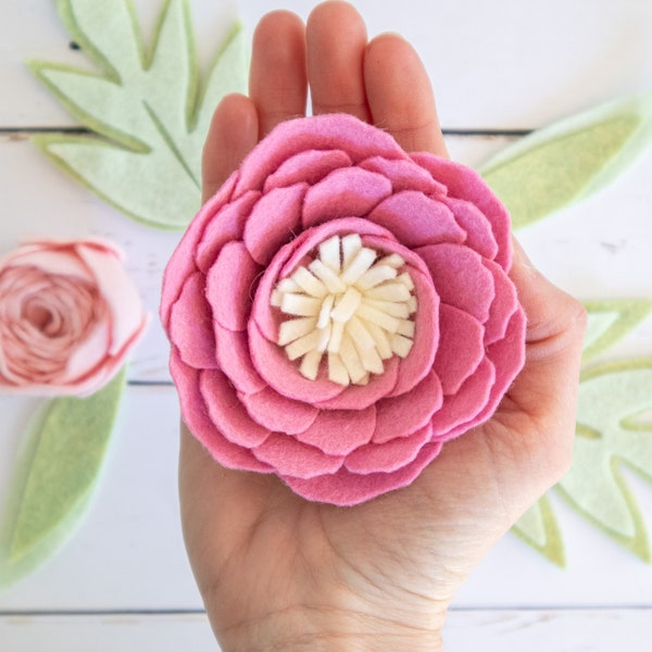 Peony Felt Flower PATTERN Template with Video Tutorial; no-sew felt; Pattern PDF, SVG cut file; Party favors, wreaths, Cricut, Silhouette