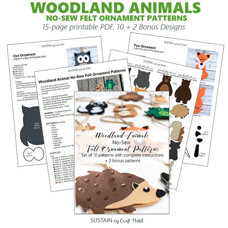 10 Woodland Animals PATTERN felt ornaments, PDF no sew ornament, SVG cut files, gift plushie, fox, owl, woodland nursery decor image 7