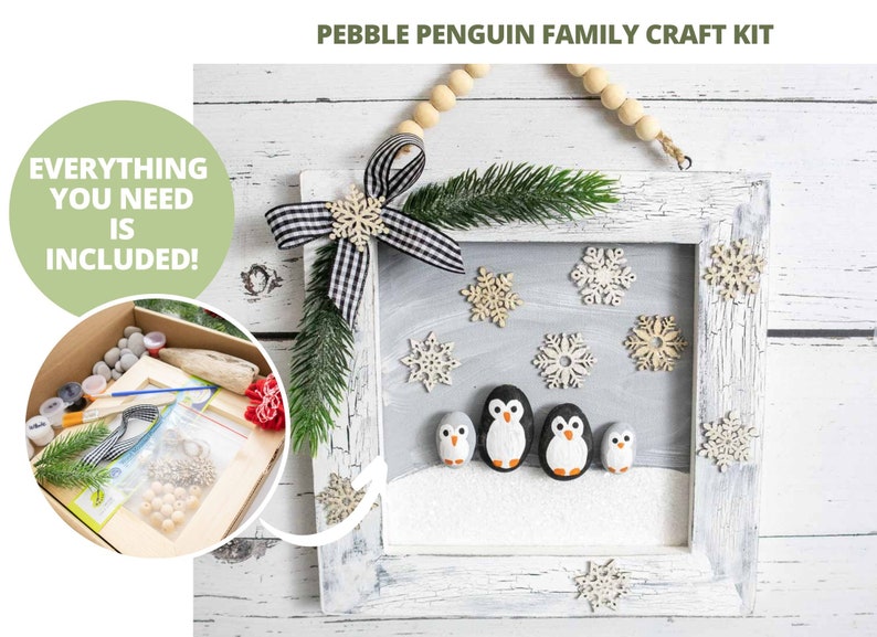 Craft Kit Pebble Penguin Family Portrait All Supplies Included Photo Tutorial Unique Craft Idea Gifts for Her Craft Night image 1