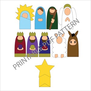 May include: A printable PDF pattern for a Nativity scene with 10 figures, including Mary, Joseph, the three wise men, an angel, a sheep, a donkey, and a star. The figures are all in a simple, cartoon style.