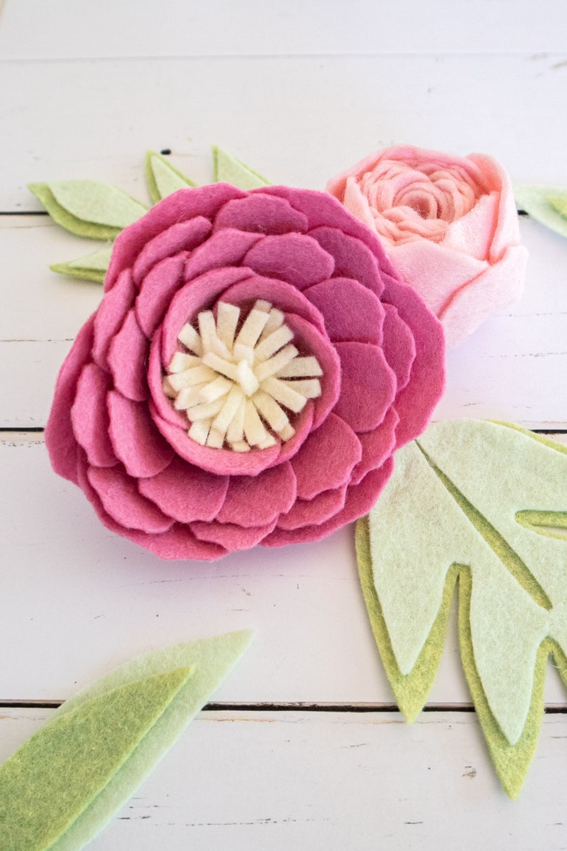 Peony Felt Flower PATTERN Template with Video Tutorial no-sew felt Pattern PDF, SVG cut file Party favors, wreaths, Cricut, Silhouette image 4