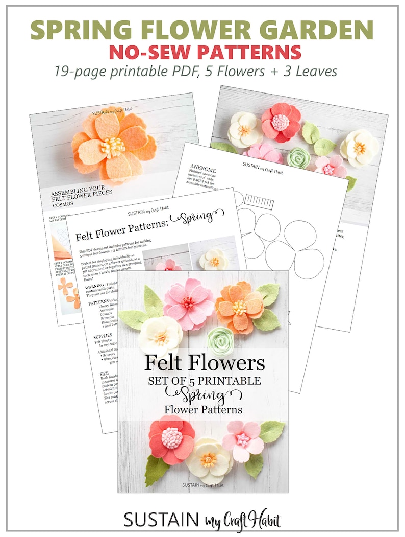 Felt Flower PATTERNS Template 5 no-sew felt or paper flowers Pattern PDF, SVG cut file Party favors, wreaths, Cricut, Silhouette image 7