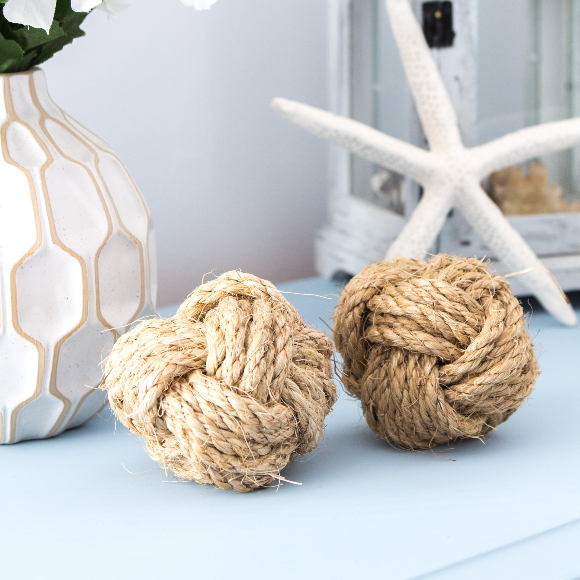 Set of 5 Handcrafted Monkey Fists / Nautical Rope Orbs , Coastal