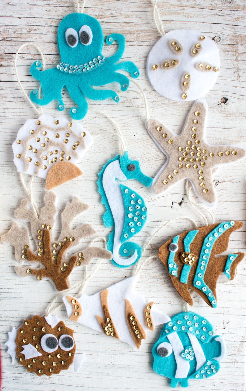 10 Ocean Life PATTERN felt ornaments, PDF no sew ornament, digital SVG cut file, gift plushie, seahorse, coastal nursery decor image 1