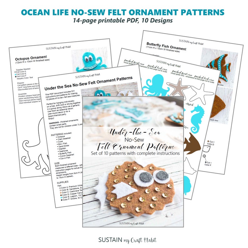 10 Ocean Life PATTERN felt ornaments, PDF no sew ornament, digital SVG cut file, gift plushie, seahorse, coastal nursery decor image 2