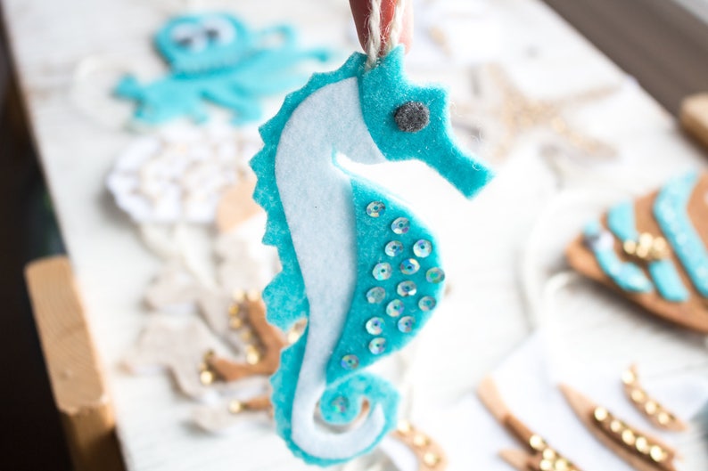 10 Ocean Life PATTERN felt ornaments, PDF no sew ornament, digital SVG cut file, gift plushie, seahorse, coastal nursery decor image 4