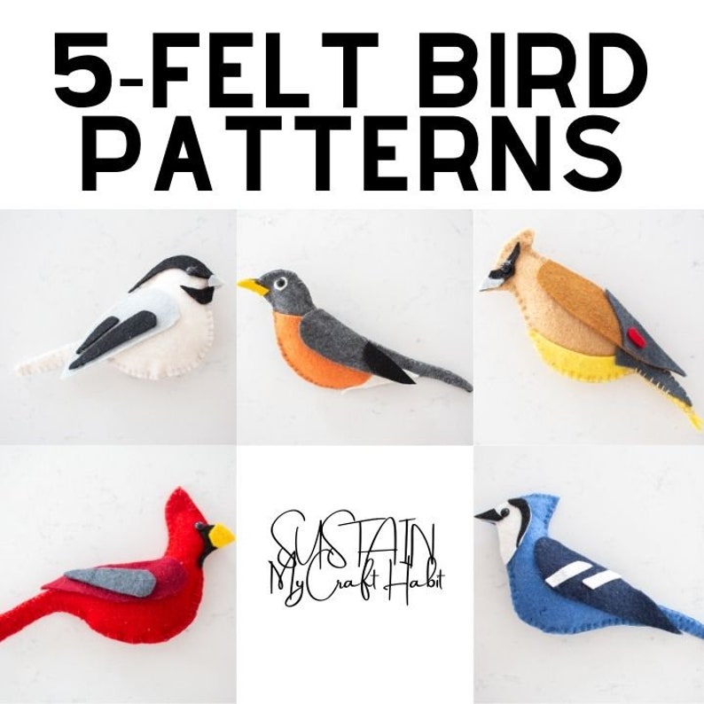 Felt Bird Patterns SVG PDF PNG digital cut file Printable no-sew craft Set of 5 Patterns Cricut, Silhouette Ornaments & Decor image 3