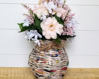 Blush pink floral arrangement, newspaper vase, rustic home office decor, valentines gift, mom gift for her, new home housewarming gift
