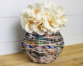 Floral arrangement, newspaper vase, rustic home office decor, table centerpiece, mom gift for her, new home housewarming gift, valentine day
