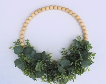 Eucalyptus Wood Bead Hoop Wreath, Silver Dollar Wreath, Front Door Wreath, Year Round Wreath, Wall Hanging Entryway, Modern Farmhouse Decor