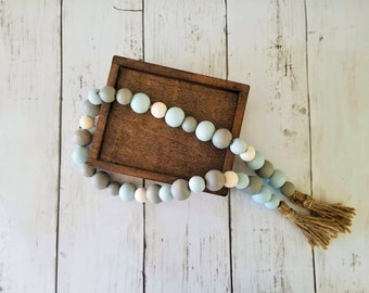 Wood bead garland, nursery decor, light blue, gray and cream color, glass vase farmhouse beads, beach, coastal home decor, housewarming gift
