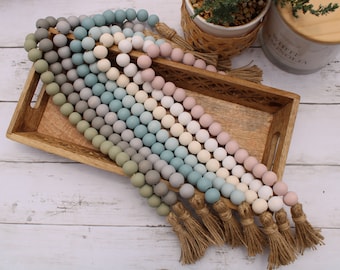 Handmade Wood Bead Garland with Jute Tassels: Farmhouse Tiered Tray Decor
