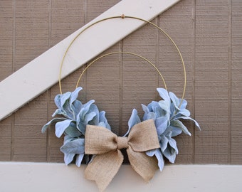 Lamb's Ear Modern Farmhouse Hoop Wreath, Wall Hanging Entryway Wreath, Home Decor, Front Door Porch Wreath, Minimalist Style, Bohemian Decor