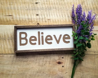 Hand carved Believe sign, carved wood sign, framed sign, family room sign, centerpiece decor, new home housewarming gift signs, home decor