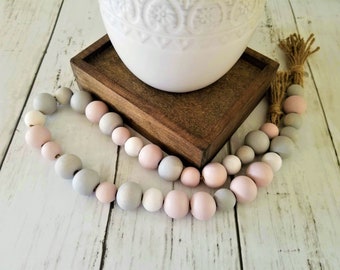 Wood bead garland, nursery decor, blush pink, gray and white color, new home housewarming gift, bedroom decor, tiered tray decor, vase beads