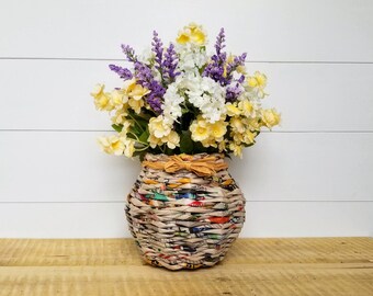 Purple yellow white floral arrangement, newspaper vase, rustic home office decor, valentines mom gift for her, new home housewarming gift