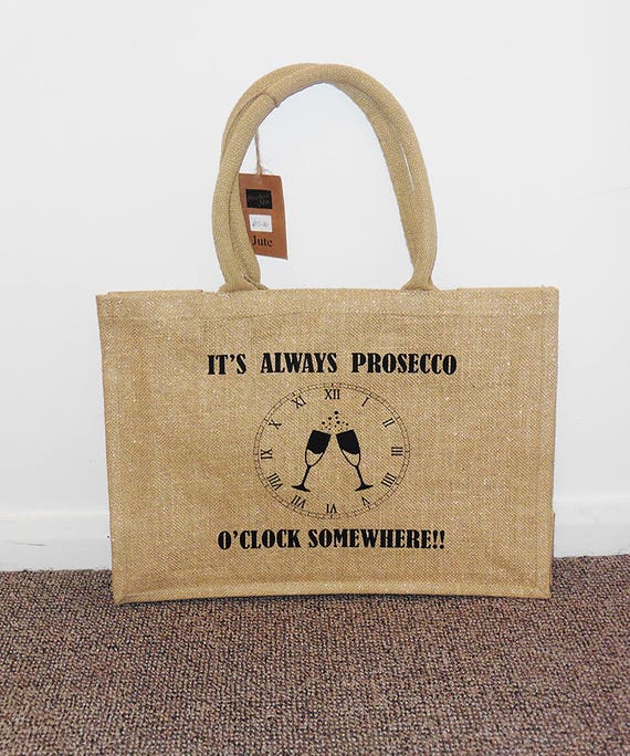 Gold Shimmer Jute Shopping Bag Printed /"Prosecco Princess/" or /"Prosecco O/'Clock/"