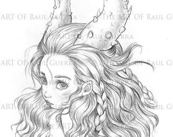 Horned Little Girl. INSTANT DOWNLOAD Digital Digi Stamps.