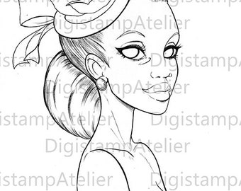 Hat Lady. Little mermaid. INSTANT DOWNLOAD Digital Digi Stamps.