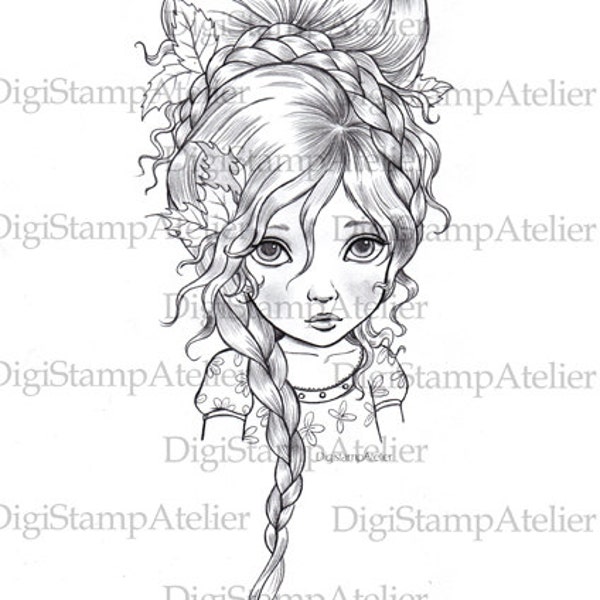 Braided Girl. INSTANT DOWNLOAD Digital Digi Stamps.