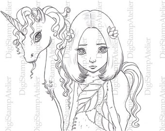 Unicorn and Girl. INSTANT DOWNLOAD Digital Digi Stamps.