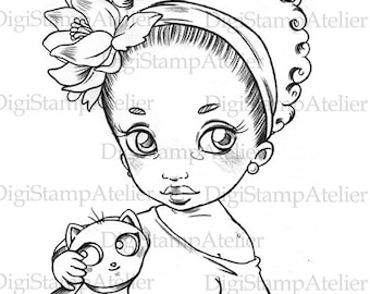 Little Girl with Plushie. INSTANT DOWNLOAD Digital Digi Stamps.