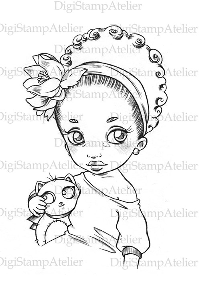 Little Girl with Plushie. INSTANT DOWNLOAD Digital Digi Stamps. image 1