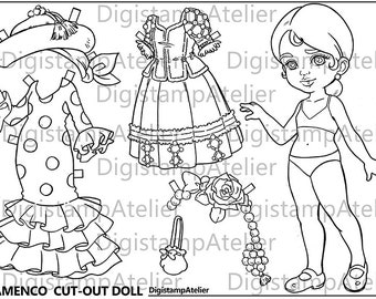 Cut-out Flamenco doll coloring page. INSTANT DOWNLOAD Digital Digi Stamps