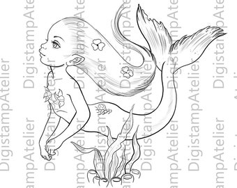 Mermaid. INSTANT DOWNLOAD Digital Digi Stamps