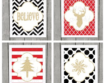 Set of 4 Christmas Holiday Winter Red and Black Digital 8 x 10 Prints