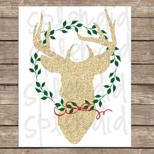Reindeer With Wreath Gold and Green 16 x 20 Digital Print