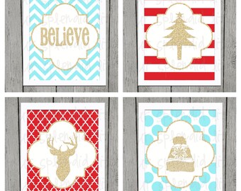 Set of 4 Christmas Holiday Winter Red and Blue Digital 8 x 10 Prints