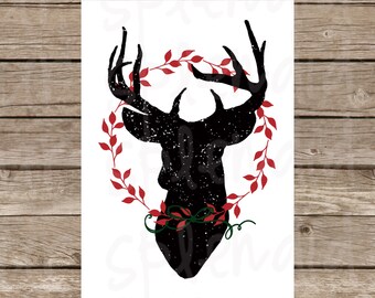 Reindeer With Wreath Black and Red 5 x 7 Digital Print
