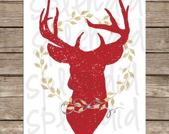 Reindeer With Wreath Red and Gold 16 x 20 Digital Print