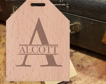 BOLD Initial A Featuring Your Last Name - Beautiful Wooden ID Name Tag Custom Made with optional Name, Address, Phone and/or Email Address