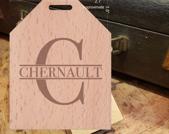 BOLD Initial C Featuring Your Last Name - Beautiful Wooden ID Name Tag Custom Made with optional Name, Address, Phone and/or Email Address