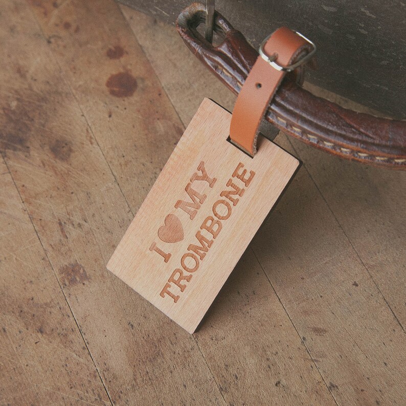I Love My Trombone Beautiful Wooden Rectangle ID Name Tag Custom Made