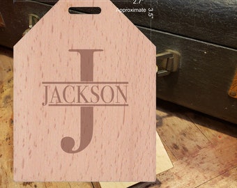 BOLD Initial J Featuring Your Last Name - Beautiful Wooden ID Name Tag Custom Made with optional Name, Address, Phone and/or Email Address