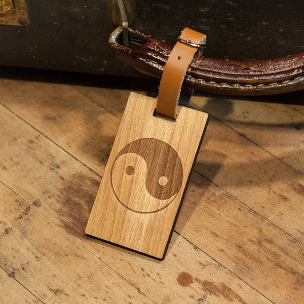 Yin Yang - Beautiful Wooden ID Name Tag Custom Made with Your Name & optional Address with  Phone or Email Address