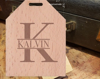 BOLD Initial K Featuring Your Last Name - Beautiful Wooden ID Name Tag Custom Made with optional Name, Address, Phone and/or Email Address