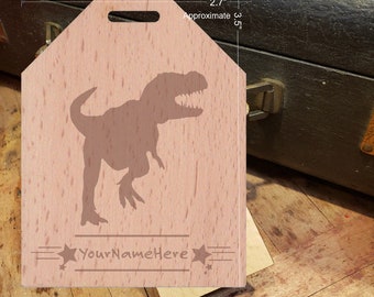 BOLD Children's Dinosaur T-Rex Name Tag - Beautiful Wooden ID Name Tag Custom Made with optional Name, Address, Phone and/or Email Address