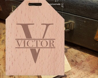 BOLD Initial V Featuring Your Last Name - Beautiful Wooden ID Name Tag Custom Made with optional Name, Address, Phone and/or Email Address