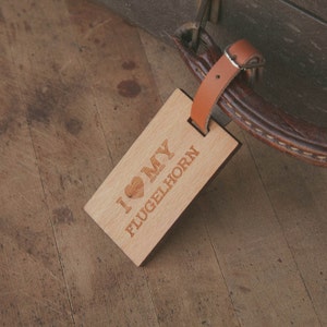 I love My FlugelHorn - Beautiful Wooden Rectangle ID Name Tag Custom Made with Your Name & Address with optional Phone or Email Address