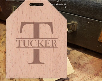 BOLD Initial T Featuring Your Last Name - Beautiful Wooden ID Name Tag Custom Made with optional Name, Address, Phone and/or Email Address