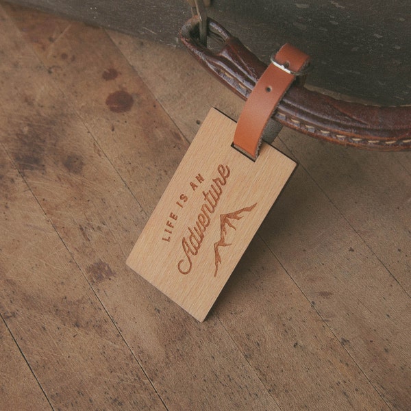 Life Is an Adventure - Beautiful Wooden ID Name Tag Custom Made with optional Name, Address, Phone and/or Email Address